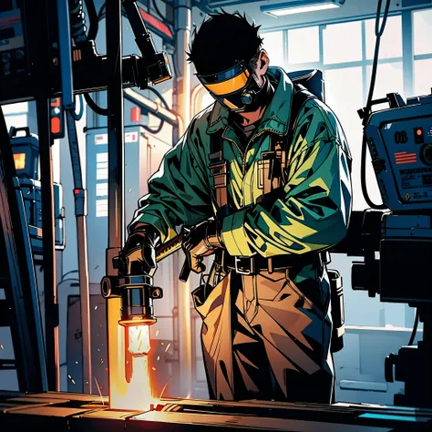 A welder holding a welding torch and covering the welding surface of an LCD is welding in a factory.