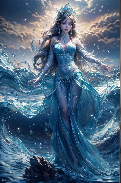 "(masterpiece: 1.2), 8k uhd resolution, water goddess, standing ethereal amidst a vast shimmering ocean. her silhouette merges w...