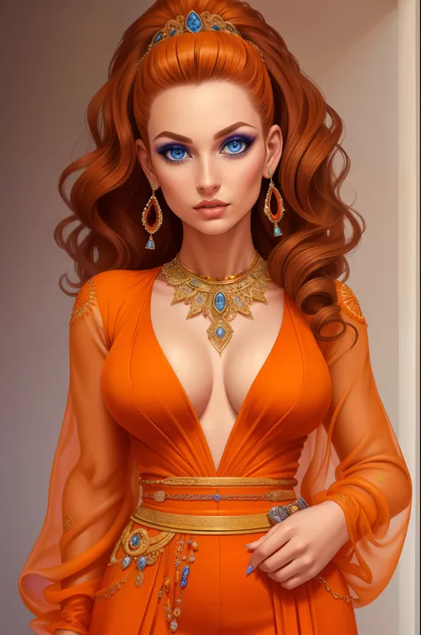 nose piercing, standing,  jewelry, orange jumpsuit (insanely detailed, beautiful detailed face, masterpiece, best quality), cleavage, piercing blue eyes