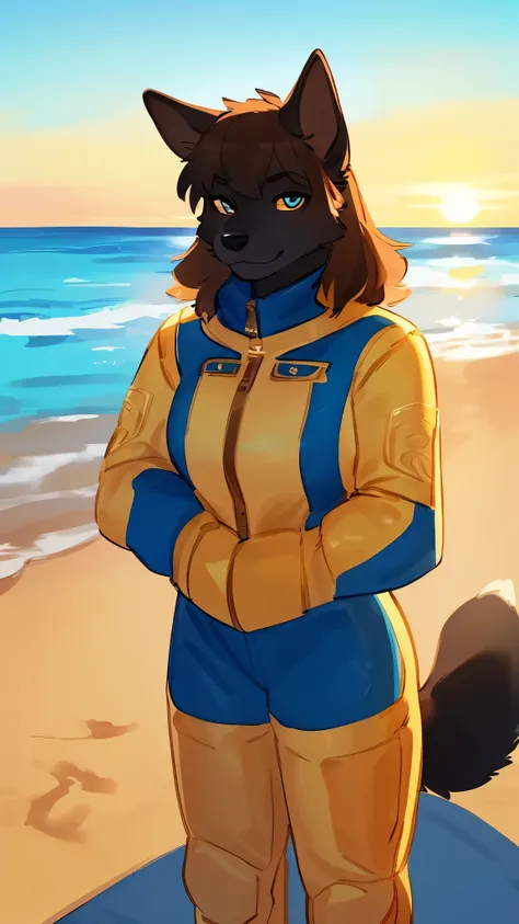 By bebebebebe, by lostgoose, by goonie-san, solo, standing, female, canine, belgian malinois, dark fur, ((hair, snout, detailed eyes)), gold and blue versace spacesuit, beach, ocean, sunrise