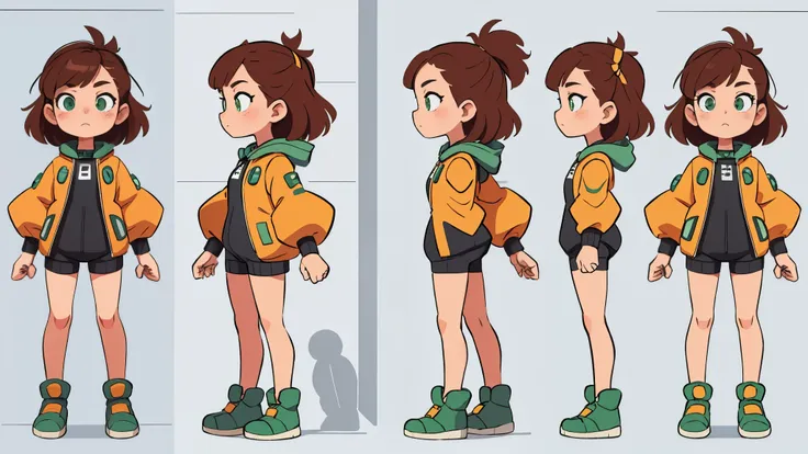 a girl in a space suit, side view,  green eyes, brown hair ( character sheet, standing pose, different angles)