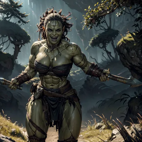 (best quality,4k,8k,highres,masterpiece:1.2),ultra-detailed, female orc wielding an ax, bulky, smiling and laughing while in bat...