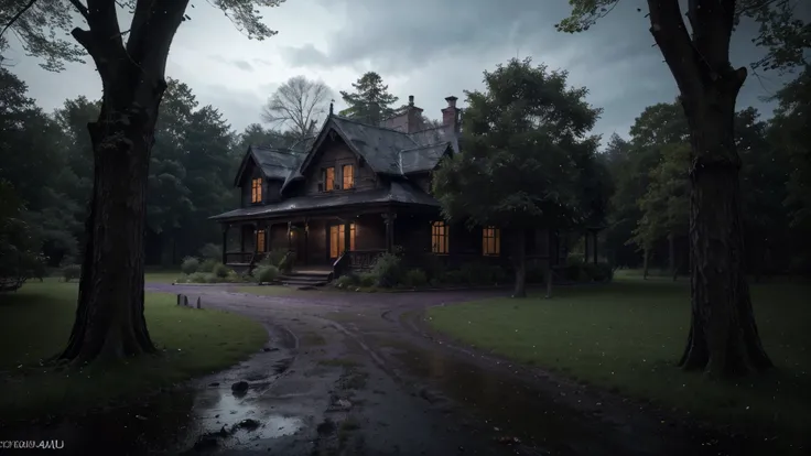 (best quality,4k,highres,masterpiece:1.2),ultra-detailed,(realistic,photorealistic,photo-realistic:1.37),purple and black haunted forest with a creepy house in the background on the left side, rainy night atmosphere