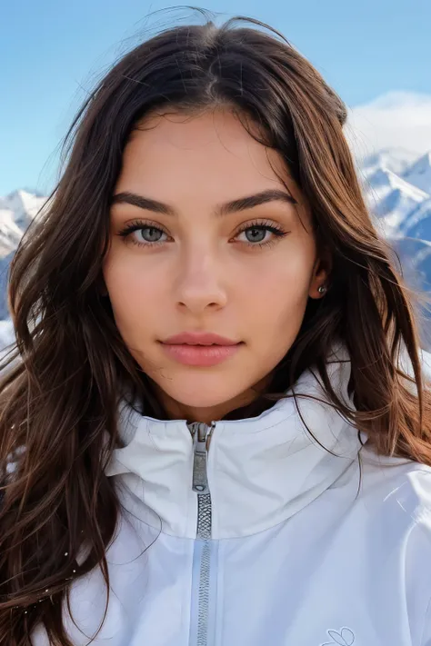 Beautiful brunette girl in a stylish ski outfit holding a vibrant snowboard, confidently stands against the majestic backdrop of a snow-covered mountain range. The girl, with her stunningly detailed features, mesmerizes with her enchanting face, innocent e...