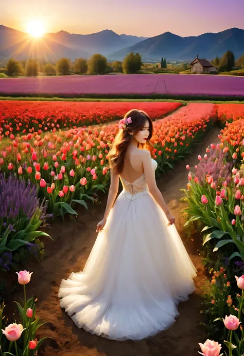 （best quality，4k，8k，high resolution，masterpiece：1.2），super detailed，（lifelike，photorealism，photorealismism：1.37），Colorful flower field，Beautiful girl in wedding dress，dreamlike atmosphere，sweet and happy，soft sunshine，bright colors，Quiet and peaceful，happy...