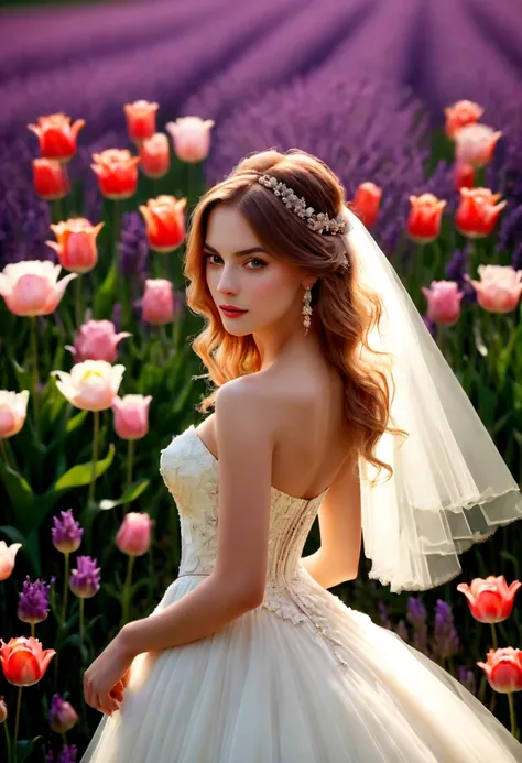 (best quality,4k,8k,high resolution,masterpiece:1.2),Super detailed,(actual,photoactual,photo-actual:1.37),Colorful flower field,Beautiful girl in wedding dress, dreamy atmosphere, sweet and happy, soft sunshine, bright colors, Peaceful and peaceful, happy...