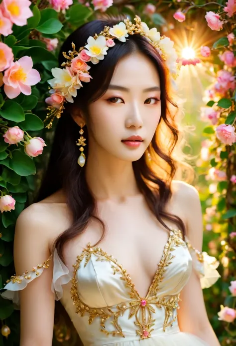 Girl in wedding dress，blooming flowers，colorful petals，Sunlight shines through leaves，golden age，breeze，ethereal atmosphere（vivid：1.1），Dream的背景，natural beauty（Lush green plants：1.2），Twinkling dewdrops，Soft sunlight shines through the gaps in the leaves，Fai...