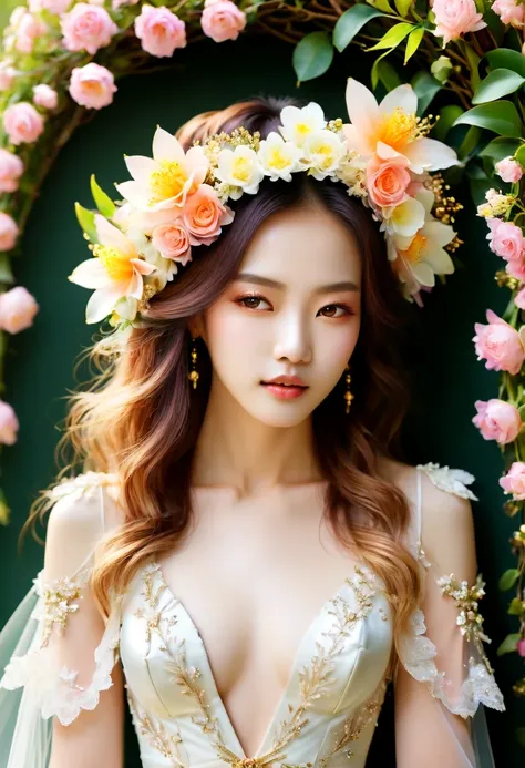 Girl in wedding dress，blooming flowers，colorful petals，Sunlight shines through leaves，golden age，breeze，ethereal atmosphere（vivid：1.1），Dream的背景，natural beauty（Lush green plants：1.2），Twinkling dewdrops，Soft sunlight shines through the gaps in the leaves，Fai...