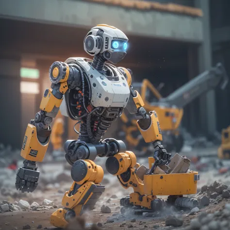 An artificial intelligence construction robot, using a Jackhammer, the robot is doing construction, and the robot is wearing a hardhat, photo-realistic, octane render, unreal engine, ultra-realistic