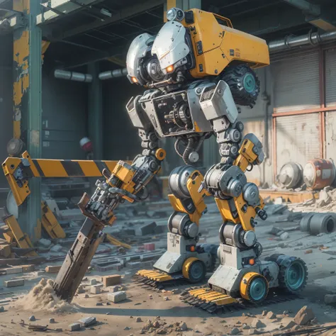 An artificial intelligence construction robot, using a Jackhammer, the robot is doing construction, and the robot is wearing a hardhat, photo-realistic, octane render, unreal engine, ultra-realistic