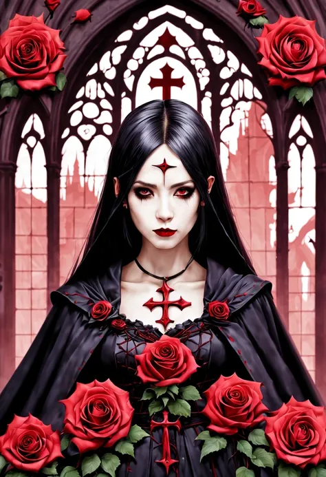 gothic cathedral，(Rose田:1.5)，cross，吸Blood鬼，hell，magma，flame，（紫色flame：1.3），Gothic aesthetics，Rose、castle、cross、Blood、churchyard，gothic style的神秘、solemn and profound，gothic style，gothic style蕾丝的衣服、象征浪漫的Rose、Gothic symbols series,Rose花园