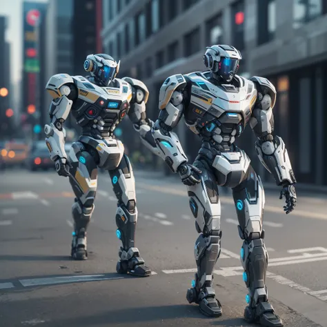 An artificial intelligence Police robot, robot is walking a beat, and the robot is wearing a gun, photo-realistic, octane render, unreal engine, ultra-realistic