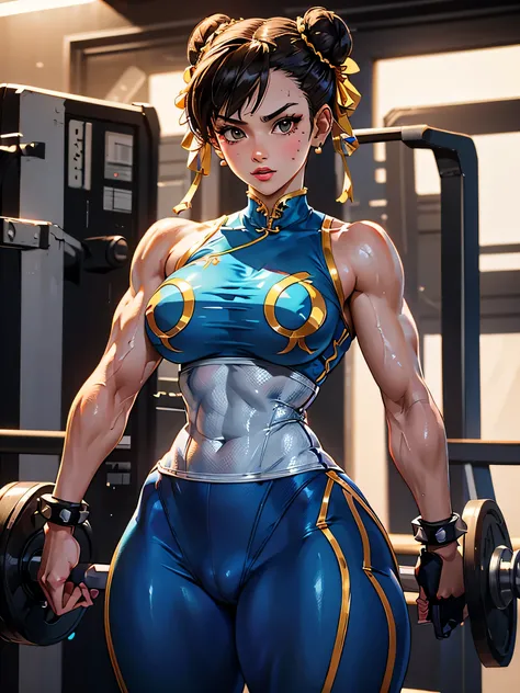 garota de anime levantando uma barra em uma sala de fitness, chunli at the gym, suor muscular lara croft, trabalhando fora, High Resolution Commission, muscular!, artgerm extremamente detalhado, chunli, muscular!!, Chun-Li, Chun-Li, levantamento de pesos, ...