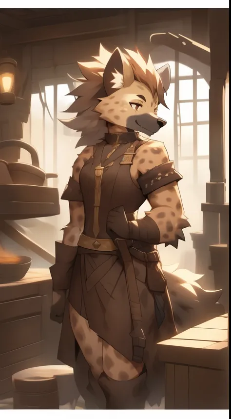 Best quality, Super detailed illustration, (boy Fluffy hyena:1.4) , Body like a girl, thick lush hair,,, Blacksmiths clothing, predatory smile, femboi, small waist, wide hips, Slim, Perfect body, don&#39;t bother style, 