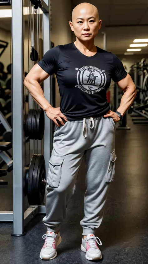 A big muscular middle age Japanese woman with detailed feminine face features and bald hair wearing a hat, t-shirt, long cargo pants, and sneakers. She is standing in a gym with masculine expression and pose.