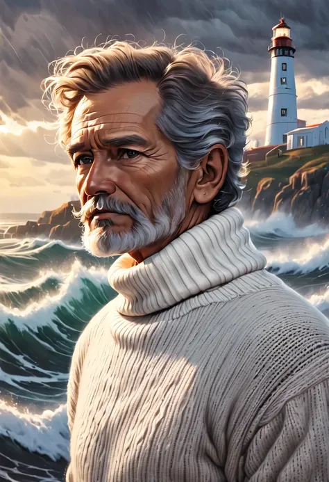 rough face portrait (old fisherman:1.3), (Face focus:1.5), (storm:1.2), (waves:1.3), ocean, (lighthouse background:1.3), (cowboy shooting:1.4), (White turtleneck knitted sweater:1.3), looking at the audience, actual, masterpiece, best quality, backlight, (...