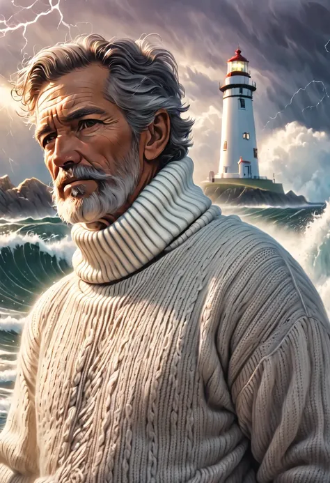 rough face portrait (old fisherman:1.3), (face focus:1.5), (storm:1.2), (waves:1.3), ocean, (lighthouse background:1.3), (cowboy...