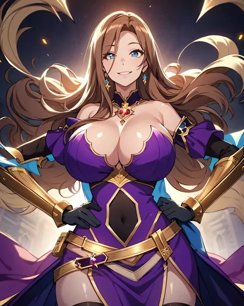 Lian, light brown hair, hair stick, bangs, blue eyes, solo, smiling, standing, upper body, hips, bare shoulders,purple thighhighs, violet dress, gold jewelry,armor,gloves,circlet, cleavage, red and gold royal castle, gigantic breasts, (best quality, master...