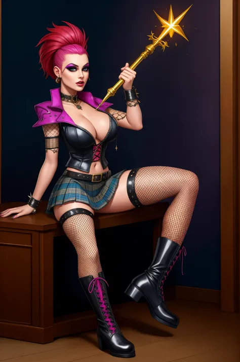 punk sorceress, sitting, wand, boots, fishnet stockings, mini skirt