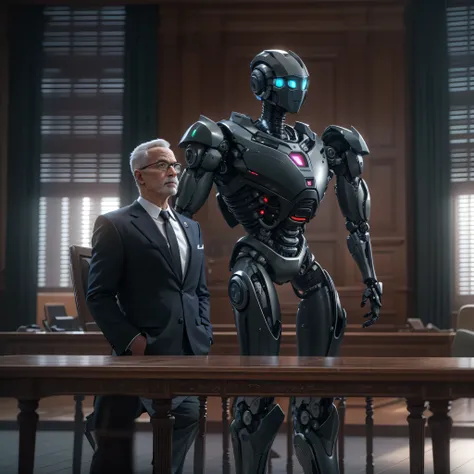 An artificial intelligence Lawyer robot, in a courtroom, and the robot is wearing black three piece suit, photo-realistic, octane render, unreal engine, ultra-realistic