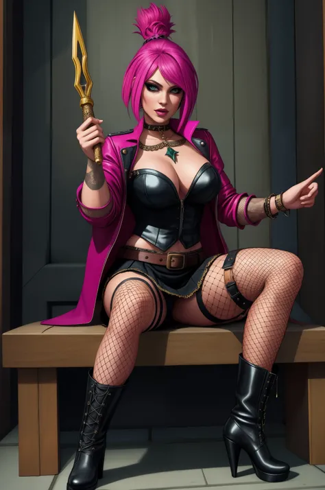 punk sorceress, sitting, wand, boots, fishnet stockings, mini skirt