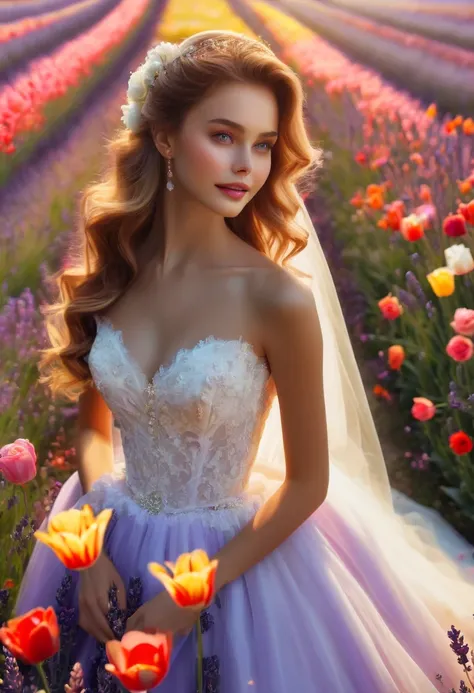 (best quality,4k,8k,high resolution,masterpiece:1.2),Super detailed,(actual,photoactual,photo-actual:1.37),Colorful flower field,Beautiful girl in wedding dress, dreamy atmosphere, sweet and happy, soft sunshine, bright colors, Peaceful and peaceful, happy...