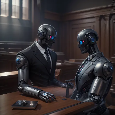 An artificial intelligence Lawyer robot, in a courtroom, and the robot is wearing black three piece suit, photo-realistic, octane render, unreal engine, ultra-realistic