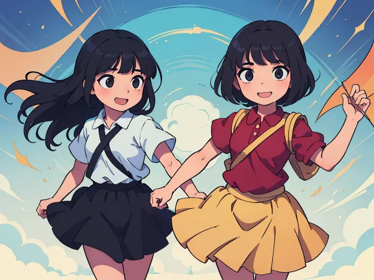 (best quality:0.8) perfect anime illustration, 2 happy kids 1 age of 5 and the other age of 8 both are Indian girls with medium size black hair on their way to a new school, wearing appropriate indian clothes