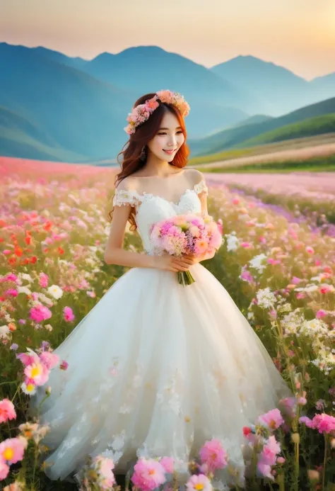 Flower field scene,  (girl:1.3), Put on a wedding dress,Dream，Sweet，happiness