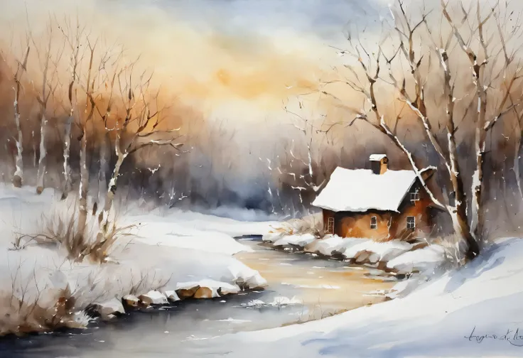 create an artwork of a winter landscape similar to the one in Frank Kecskes paintings