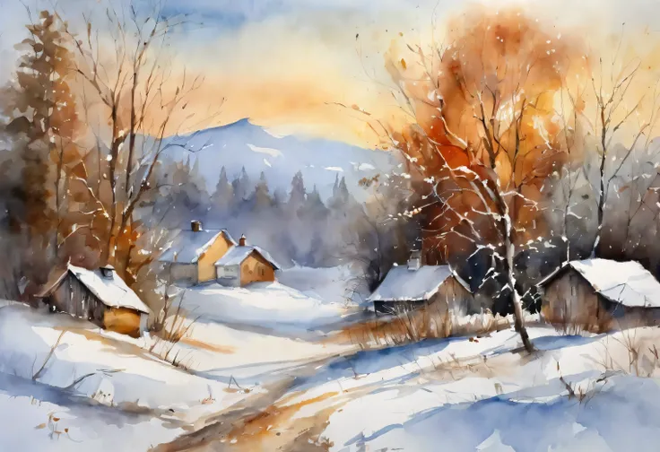 create an artwork of a winter landscape similar to the one in Frank Kecskes paintings, sunny day, bright sky