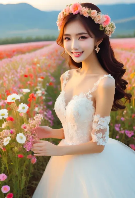 Flower field scene,  (girl:1.3), Put on a wedding dress,Dream，Sweet，happiness