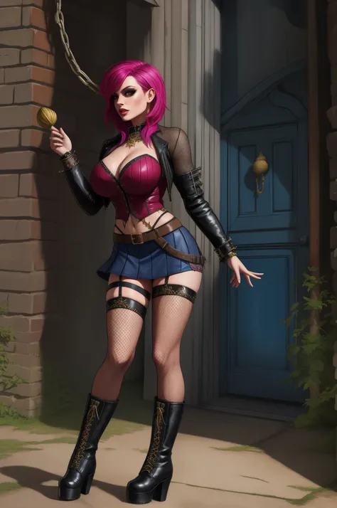 punk sorceress, standing, boots, fishnet stockings, mini skirt