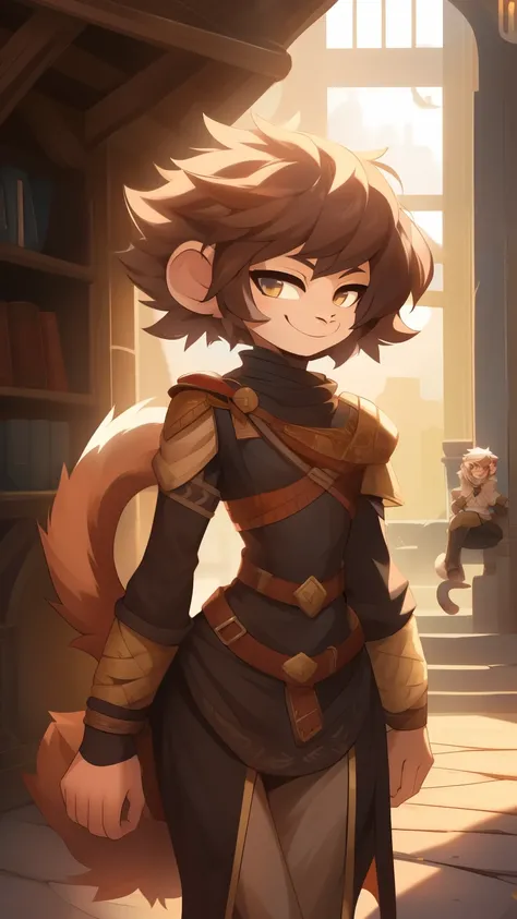 Best quality, Super detailed illustration, (1 boy:1.2), (fluffy monkey:1.4) , feminine face and body, disheveled thick hair, Bandit Clothing,  smug smile, Half-closed eyes , Femboy, small waist, wide hips, Slim, Perfect body, DND style