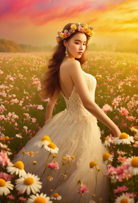 Ridiculous, high resolution, super detailed, (girl:1.3), Put on a wedding dress,(Design flower field scene, With blooming flowers, bright colors, and the feeling of growth and renewal.:1.4)，Dream，Sweet，happiness