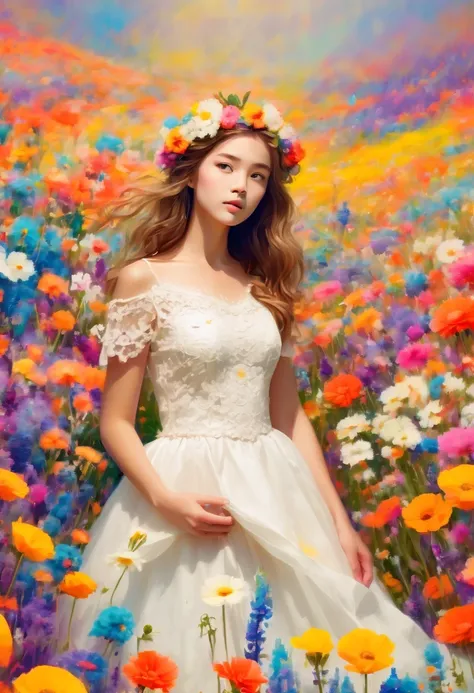 Ridiculous, high resolution, super detailed, (girl:1.3), Put on a wedding dress,(Design flower field scene, With blooming flowers, bright colors, and the feeling of growth and renewal.:1.4)，Dream，Sweet，happiness