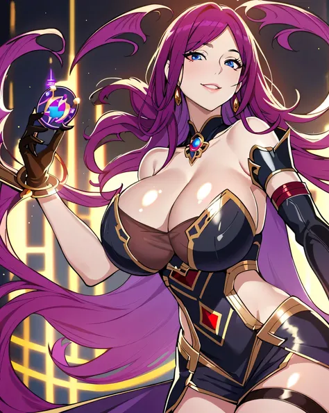 Lian, magenta hair, hair stick, bangs, blue eyes, solo, smiling, standing, upper body, hips, bare shoulders,purple thighhighs, black dress, gold jewelry,armor,gloves,circlet, cleavage, red and gold royal castle, gigantic breasts, (best quality, masterpiece...