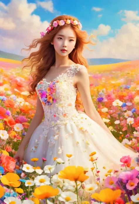 Ridiculous, high resolution, super detailed, (girl:1.3), Put on a wedding dress,(Design flower field scene, With blooming flowers, bright colors, and the feeling of growth and renewal.:1.4)，Dream，Sweet，happiness