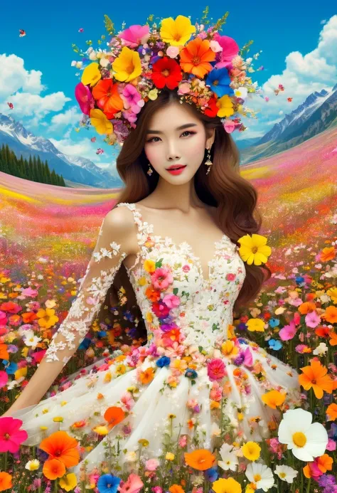 Ridiculous, high resolution, super detailed, (girl:1.3), Put on a wedding dress,(Design flower field scene, With blooming flowers, bright colors, and the feeling of growth and renewal.:1.4)，Dream，Sweet，happiness