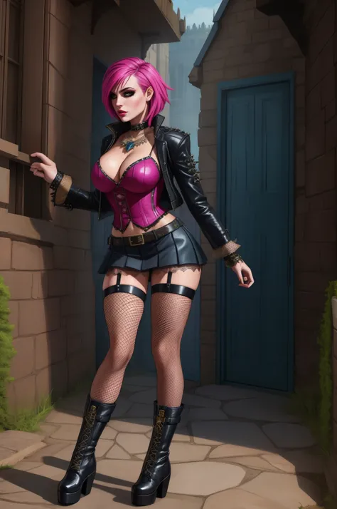 punk sorceress, standing, boots, fishnet stockings, mini skirt, detailed eyes, beautiful face