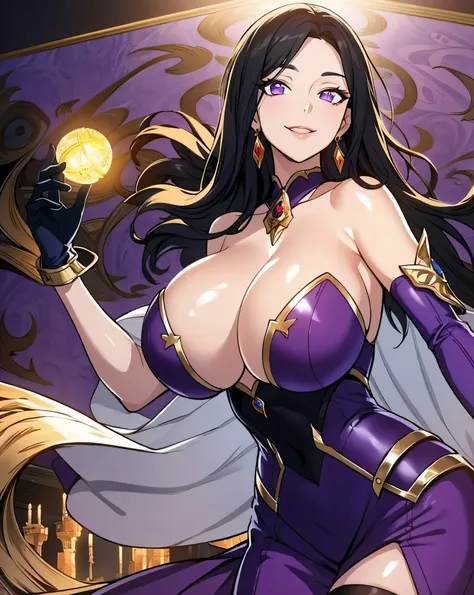 Lian, long black hair, hair stick, bangs, violet eyes, solo, smiling, standing, upper body, hips, bare shoulders,purple thighhighs,violet dress, gold jewelry,armor,gloves,circlet, cleavage, red and gold royal castle, gigantic breasts, (best quality, master...