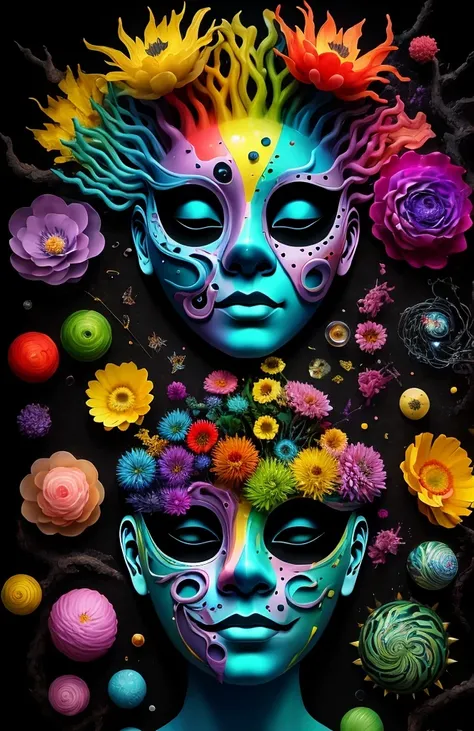 3d mask with various ordinary objects on it,spiky blonde hair,texture, complicated, Dreams bloom like flowers,ayahuasca,old tree,bubble,small fish,Gorgeous, shadow, pastel colors, 3d, mask, Very detailed, Deco, tim burton, salvador dali, Cheng Xiaolong, Cy...
