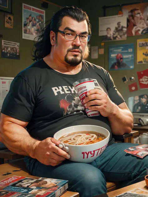 ((HD photo)), Hyper realistic, hires:1.4, 8k, a fat man / Steven seagal / 40 years old, sitting, holding ramen bowl, badly fitting t shirt, overweight messy hair, nerd glasses, leering, greasy, stained jeans, dark bedroom, posters, game console, pc, dakimu...