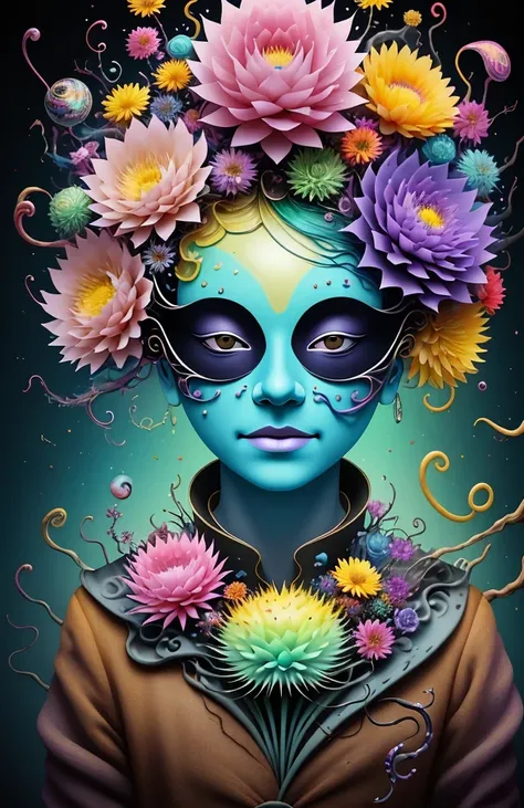 3d mask with various ordinary objects on it,spiky blonde hair,texture, complicated, Dreams bloom like flowers，ayahuasca，old tree，bubble，small fish，Gorgeous, shadow, pastel colors, 3d, mask, Very detailed, Deco, tim burton, salvador dali, Cheng Xiaolong, Cy...