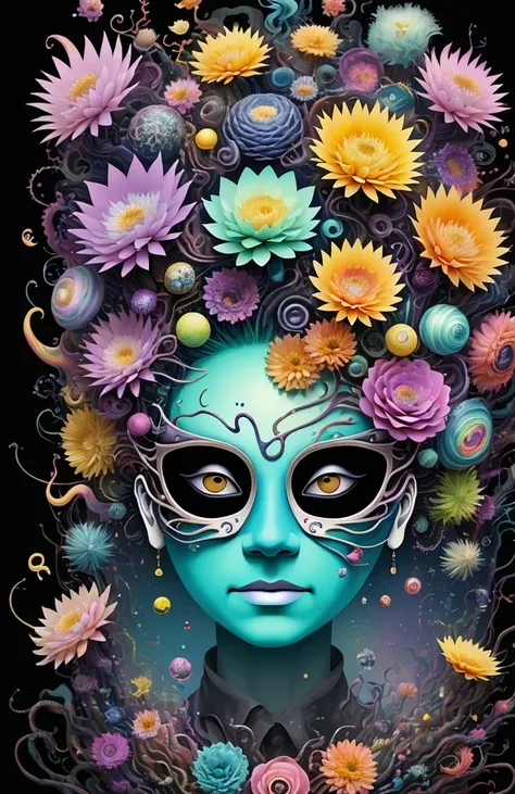 3d mask with various ordinary objects on it,spiky blonde hair,texture, complicated, dreams bloom like flowers，ayahuasca，old tree...