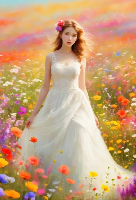 Ridiculous, high resolution, super detailed, (girl:1.3), Put on a wedding dress,(Design flower field scene, With blooming flowers, bright colors, and the feeling of growth and renewal.:1.4)，Dream，Sweet，happiness