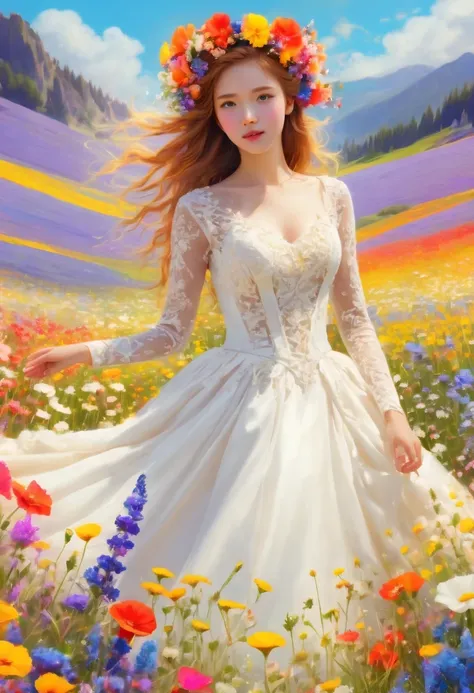 Ridiculous, high resolution, super detailed, (girl:1.3), Put on a wedding dress,(Design flower field scene, With blooming flowers, bright colors, and the feeling of growth and renewal.:1.4)，Dream，Sweet，happiness