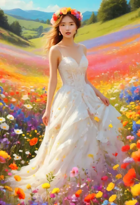 Ridiculous, high resolution, super detailed, (girl:1.3), Put on a wedding dress,(Design flower field scene, With blooming flowers, bright colors, and the feeling of growth and renewal.:1.4)，Dream，Sweet，happiness