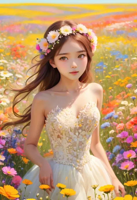 Ridiculous, high resolution, super detailed, (girl:1.3), Put on a wedding dress,(Design flower field scene, With blooming flowers, bright colors, and the feeling of growth and renewal.:1.4)，Dream，Sweet，happiness