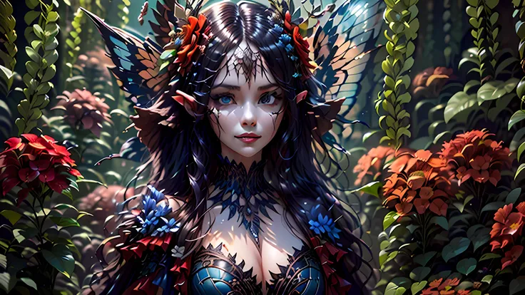 high details, best quality, 16k, RAW, [best detailed], masterpiece, best quality, (extremely detailed), full body, ultra wide shot, photorealistic, dark fantasy art, goth art, RPG art, D&D art, a picture of a dark female fairy resting in a flower meadow, e...